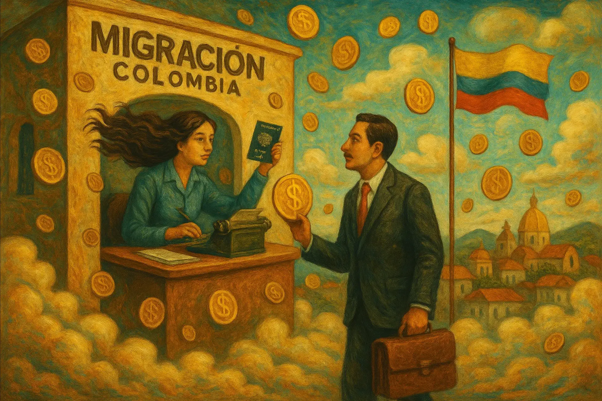 Illustration of a man with briefcase exchanging a large coin with a Colombian immigration officer in exchange for an investor visa